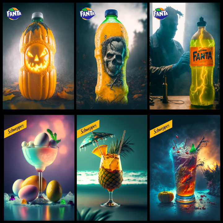 Three Fanta bottles created in AI and three schweppes cocktail product shots