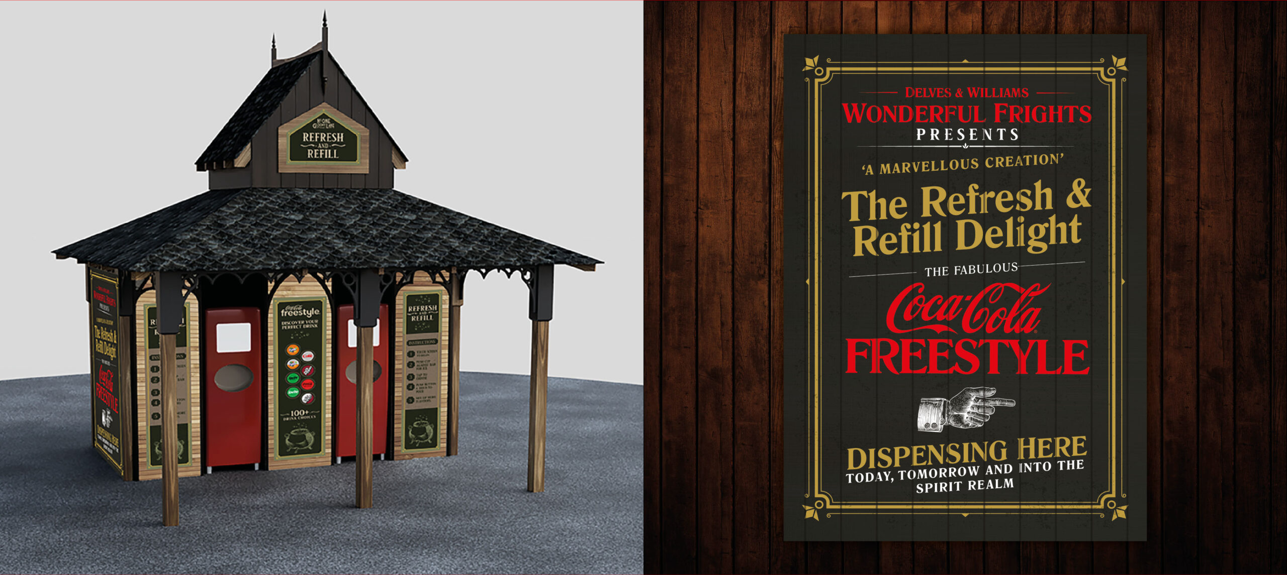 Digital mock ups of the house and spooky poster advertising Coca Cola freestyle drinks