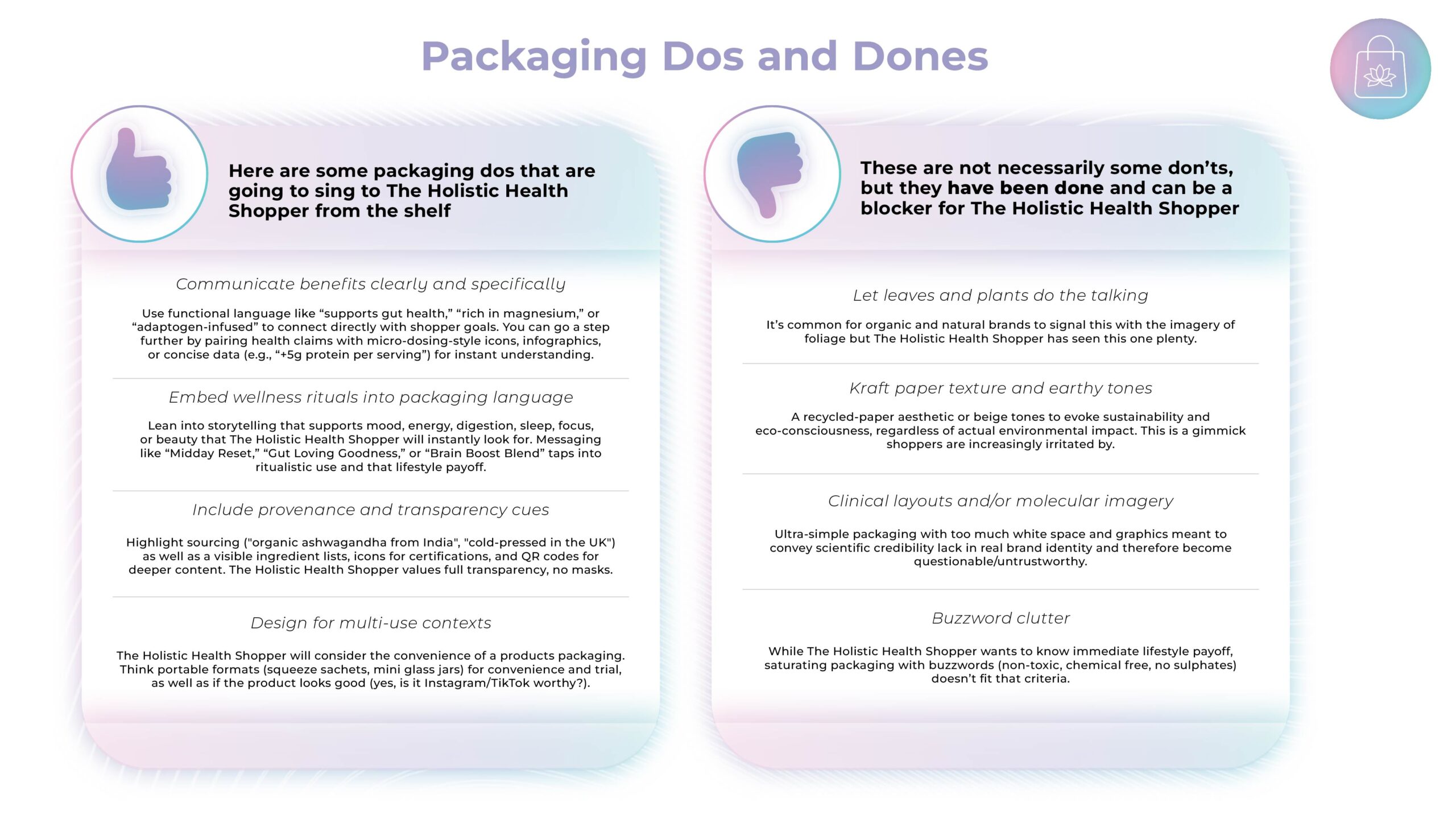 The Holistic Shopper does and dones of food packaging, the dones are don'ts's that have been done already