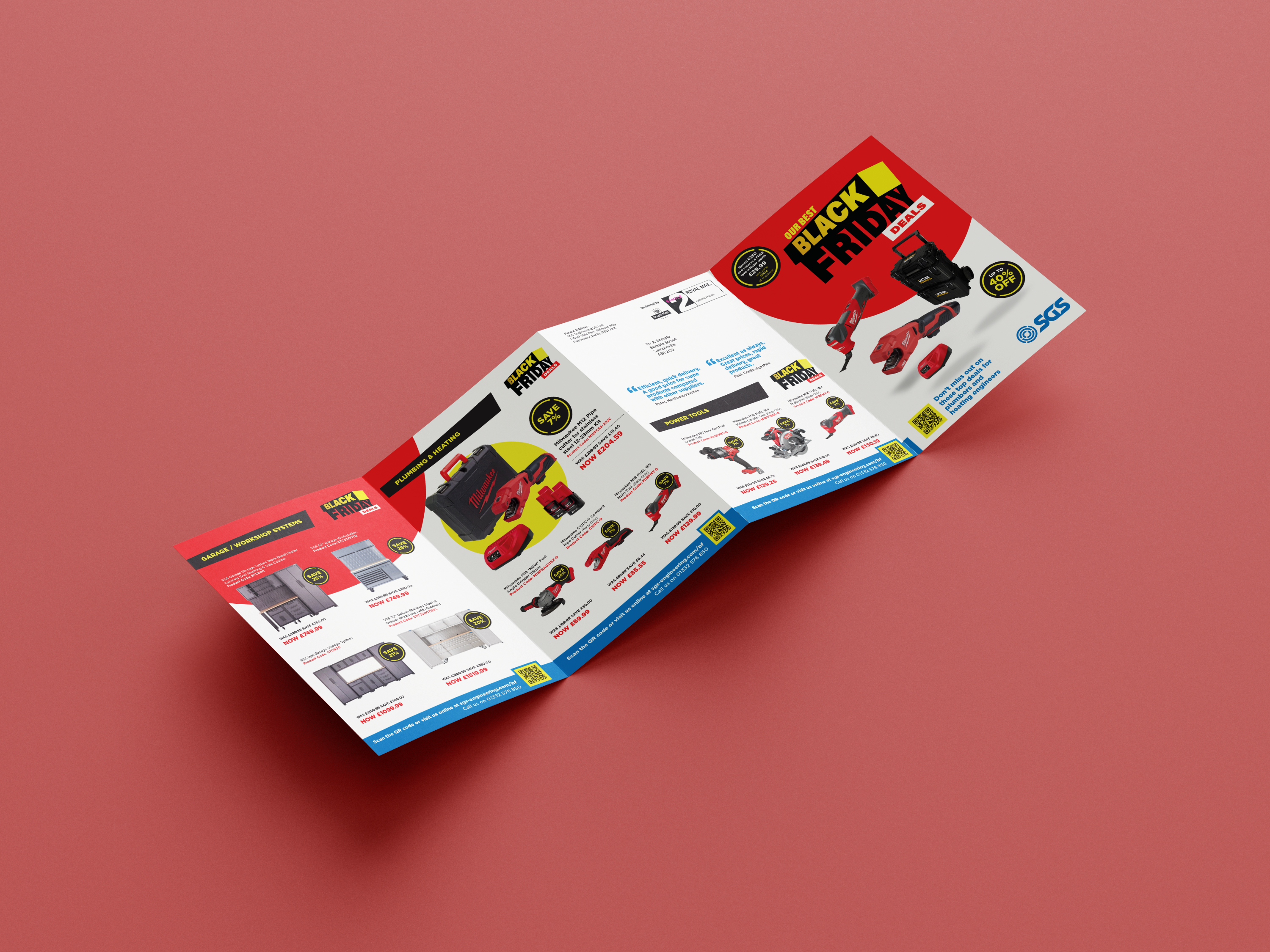 SGS Black Friday Direct mail 8 printed page brochure, displayed on red background, showing areas of personalisation