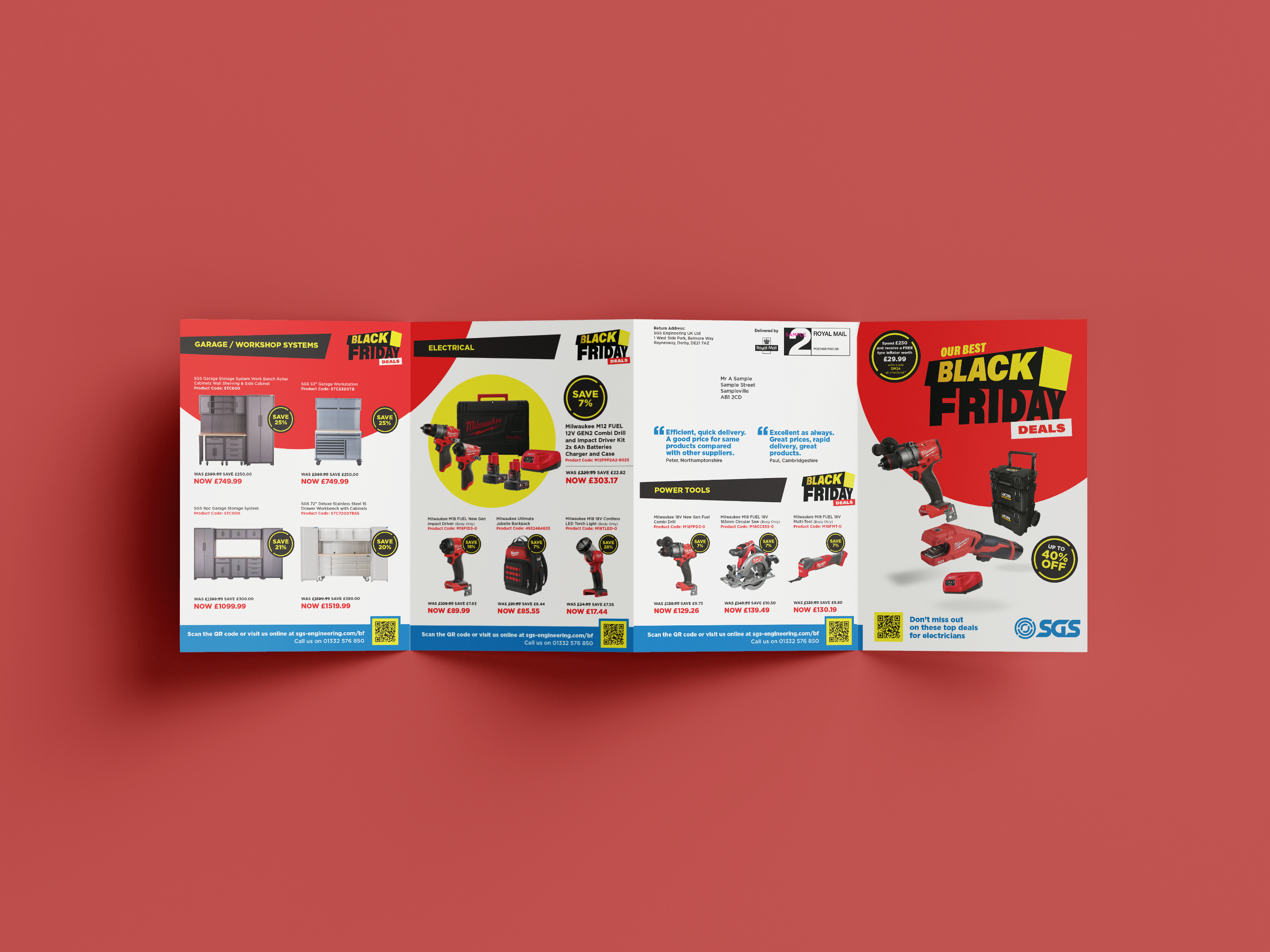 SGS Black Friday Direct mail 8 printed page brochure showing 4 example pages where personalised marketing was used to pull in relevant images for each recipient