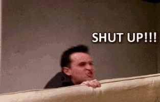 Image of man repeating "shut up" in a comical scene