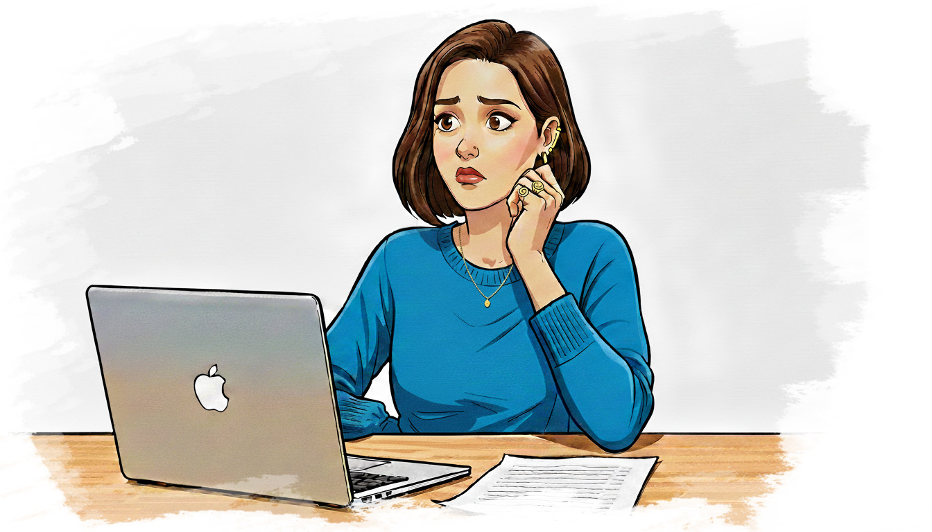 Scamped image of woman looking concerned at her desk looking at a laptop