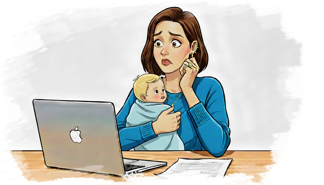 Scamped image of woman holding a baby with a nervous look, tugging at her ear whilst looking at a laptop. The feeling of imposter syndrome