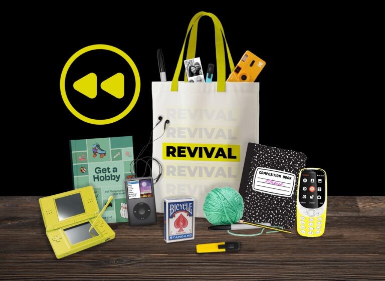 Revival of analogue - images of offline hobby items collated in and alongside a tote bag including a pack of cards, stationary, yarn