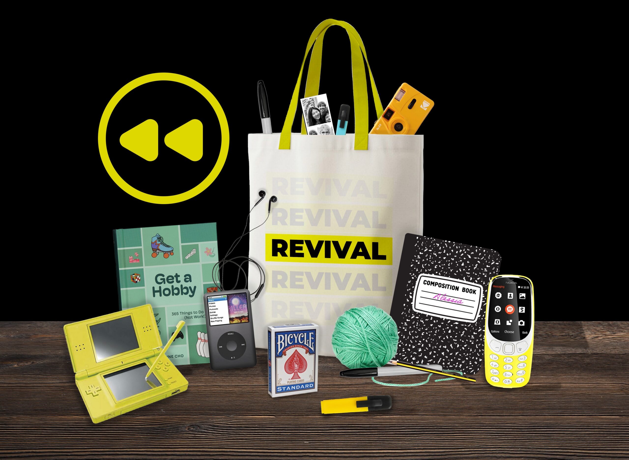 Revival of analogue - images of offline hobby items collated in and alongside a tote bag including a pack of cards, stationary, yarn