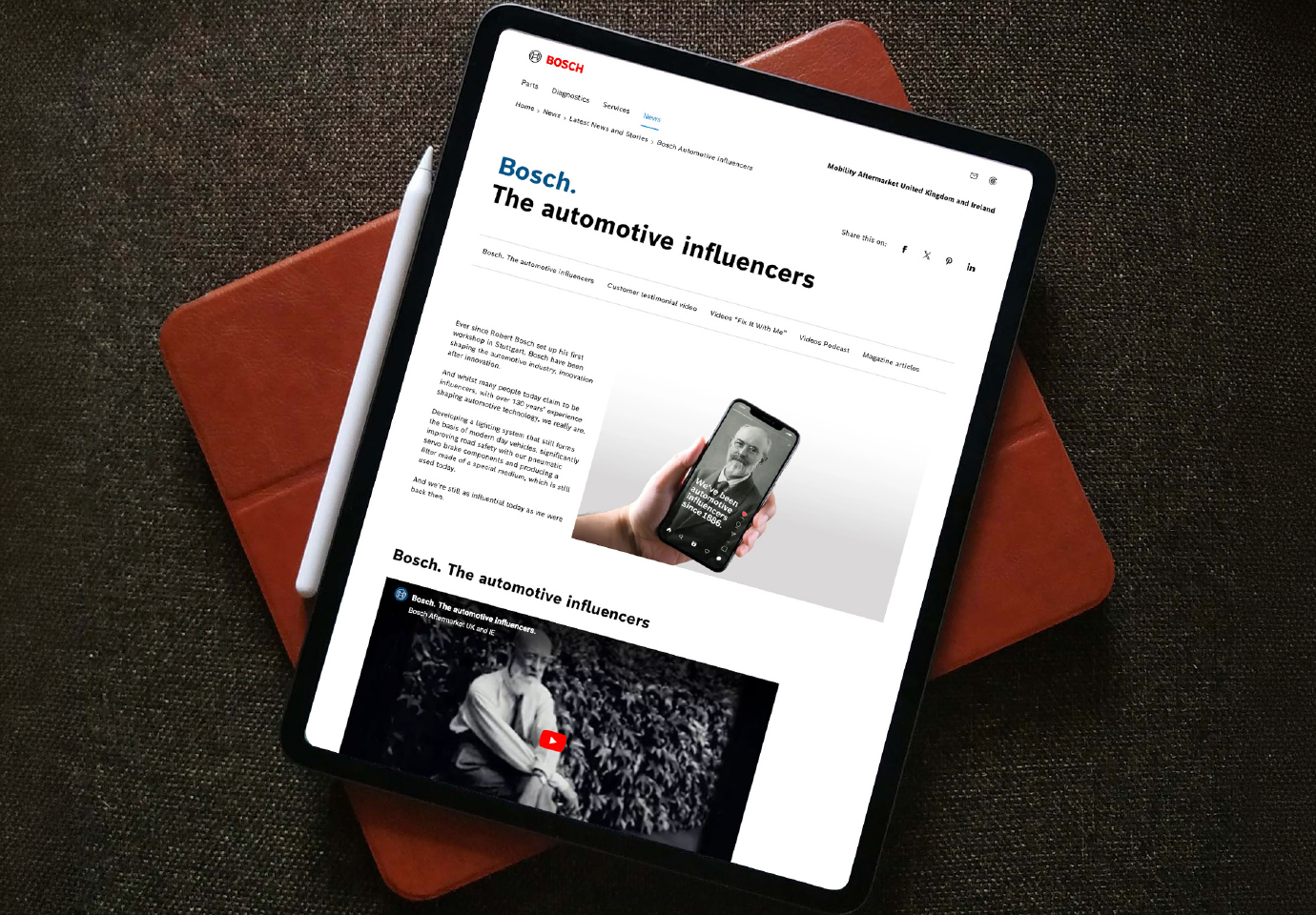 Bosch B2B automotive campaign included a website News article introducing The Automotive Influencers shown on a tablet