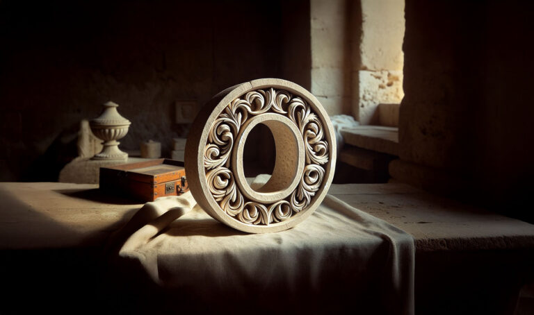 Decorative carved letter O representing creativity and craftsmanship in B2B door drop marketing campaigns