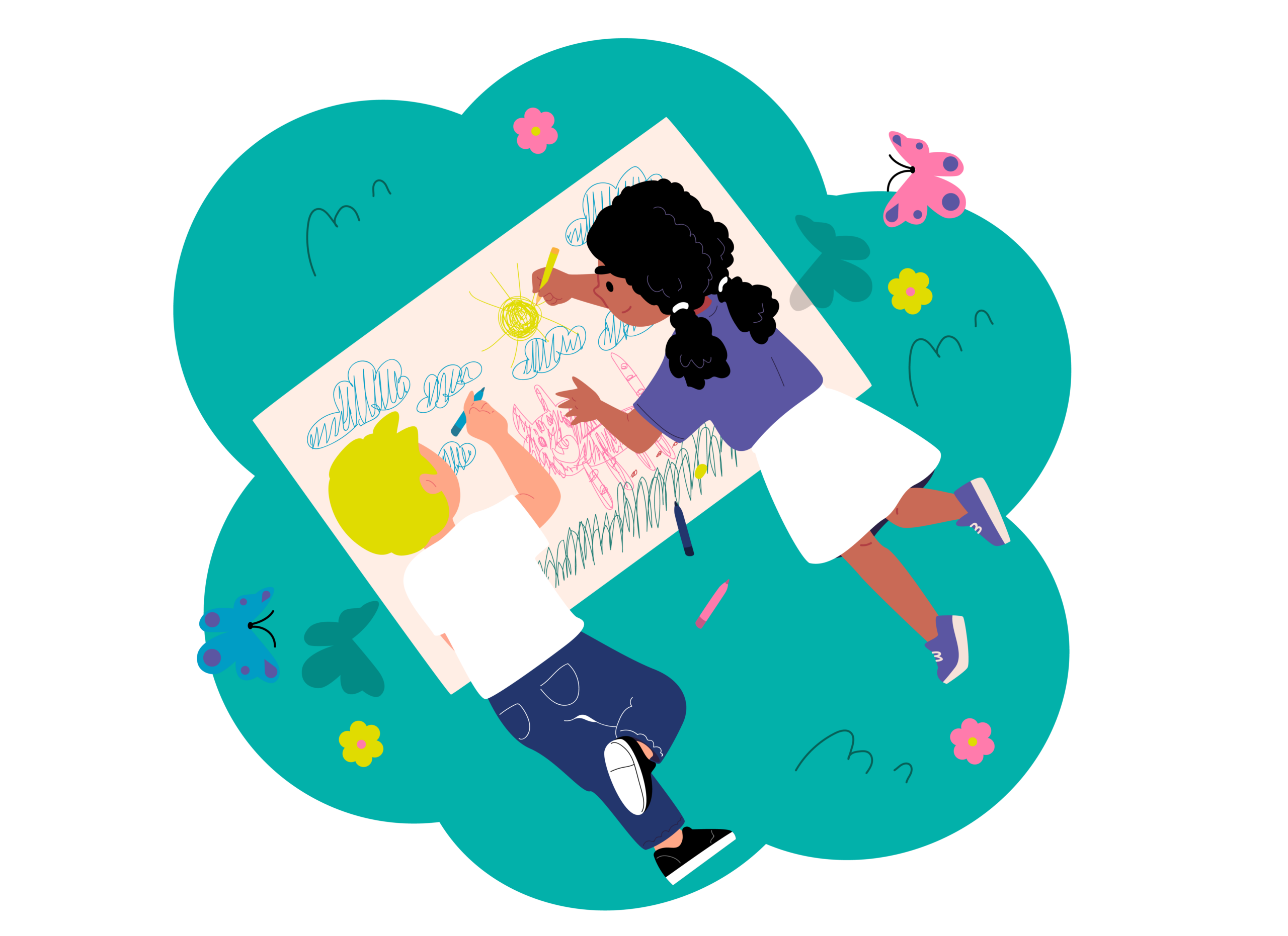 Children drawing together outdoors, reflecting the 90s Summer trend, creative play and nostalgia marketing.
