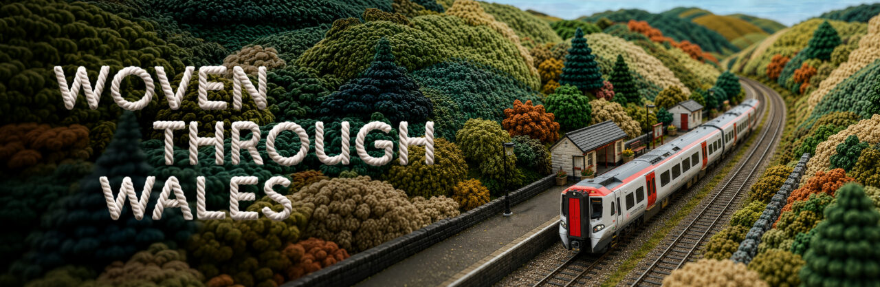 Woven through Wales creative featuring a Transport for Wales train travelling through a handcrafted Welsh landscape.