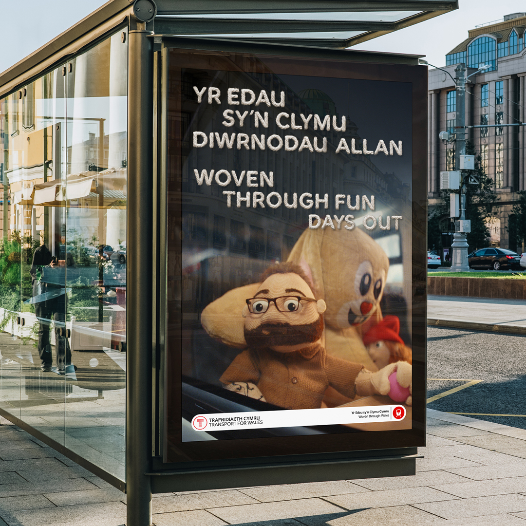 Bus shelter advertisement from the Woven through Wales multi-channel advertising campaign.