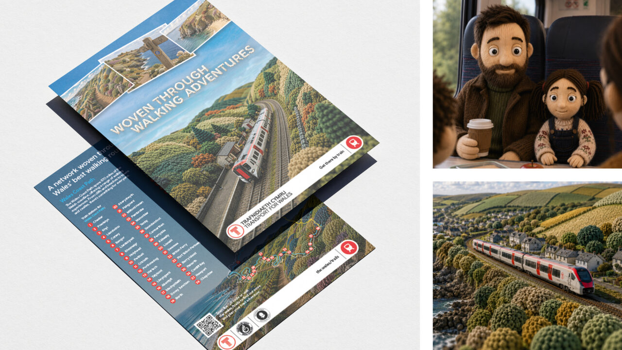 Transport for Wales printed marketing materials featuring Woven through Wales campaign creative and rail travel inspiration.
