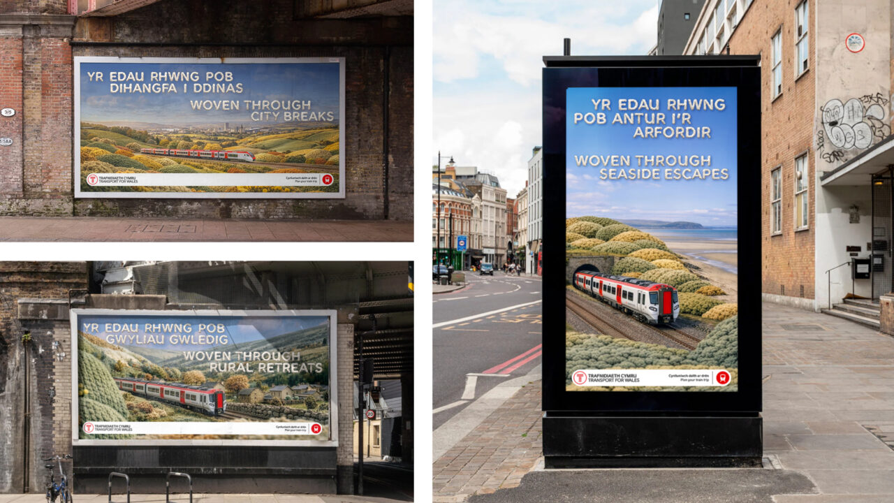 Out-of-home advertising examples from the Woven through Wales brand platform highlighting destinations across Wales.