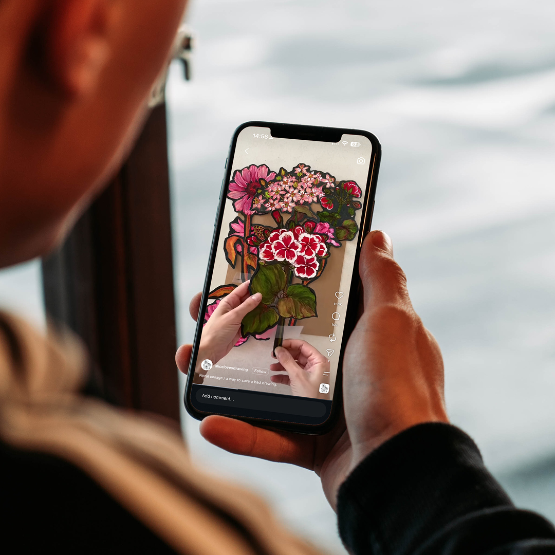 Instagram floral collage video on a smartphone, illustrating the creativity competing with creative advertising for attention.